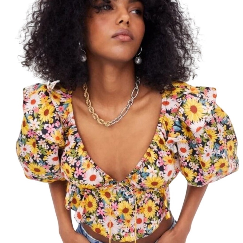 For Love & Lemons Glenn Top Floral Puff Sleeve Yellow Pink XS CT1889-FA22